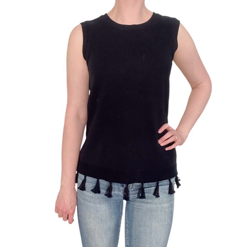 Talbots Navy Blue Knit Tank Top Sleeveless Sweater Shirt Tassel Fringe XS